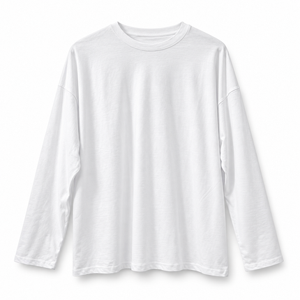 Maglia bianca a manica lunga, vista frontale su sfondo bianco